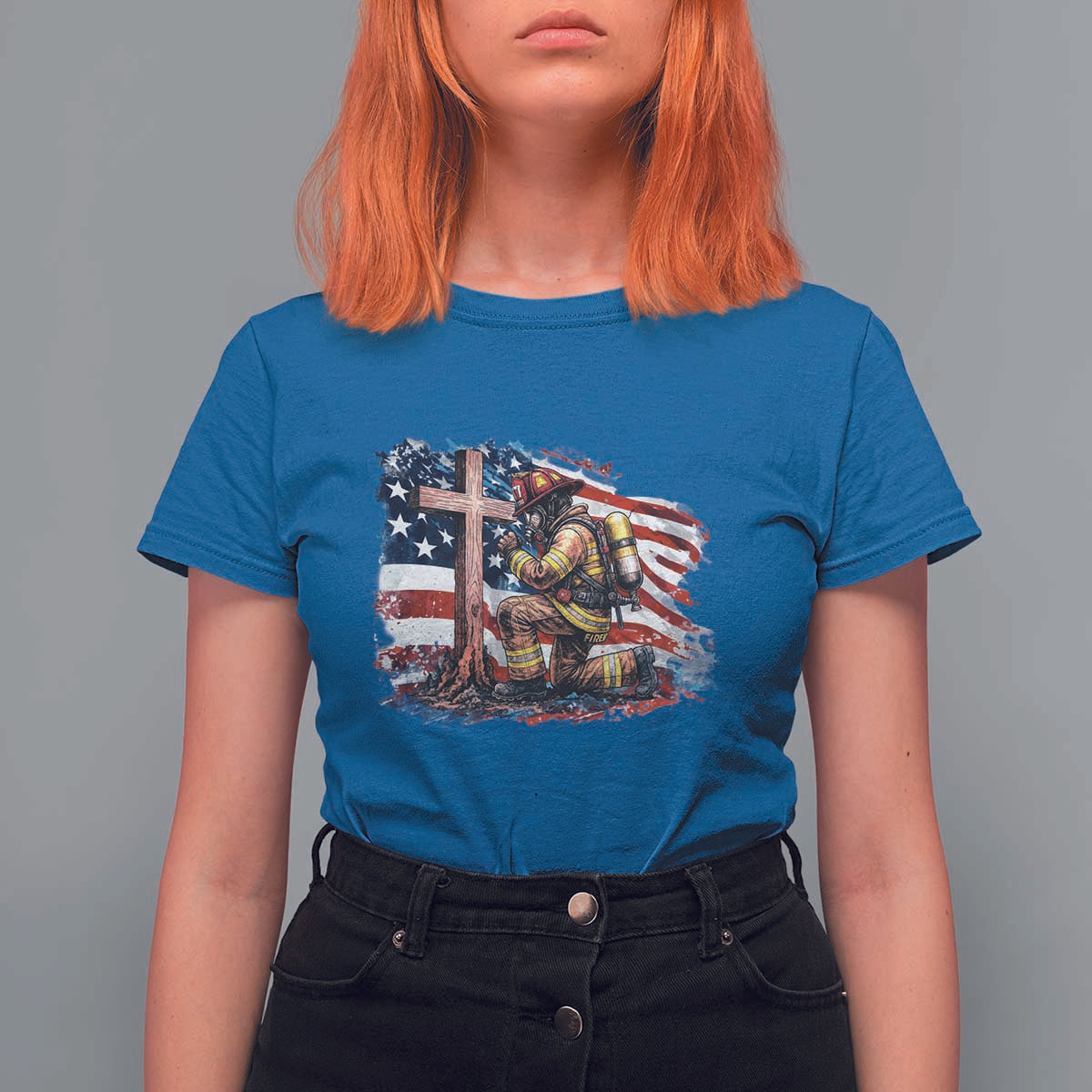Fireman American Flag T Shirt For Women Firefighter Christian Cross Bible - Wonder Print Shop