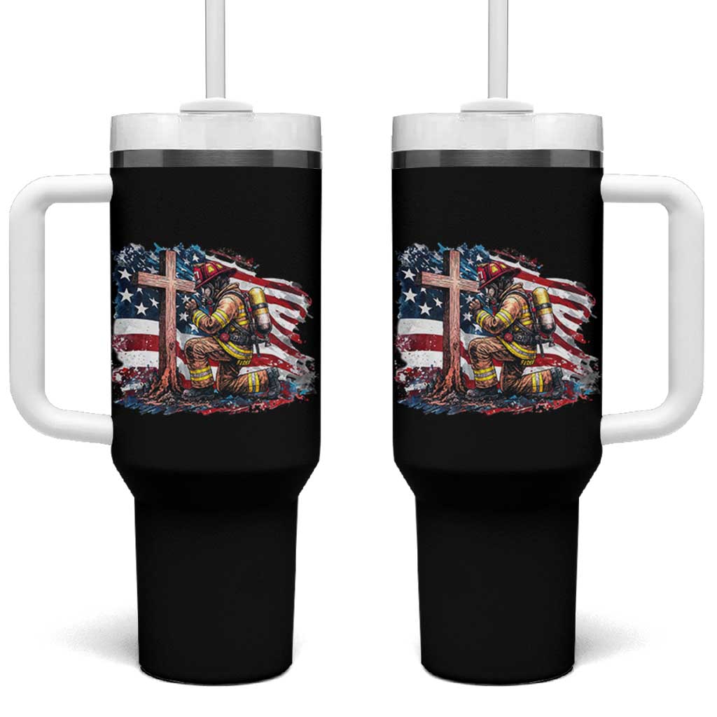 Fireman American Flag Tumbler With Handle Firefighter Christian Cross Bible