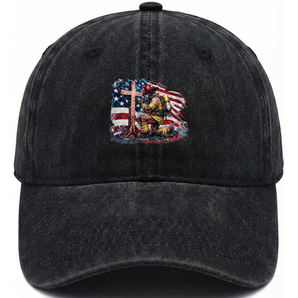 Fireman American Flag Washed Cotton Baseball Cap Firefighter Christian Cross Bible