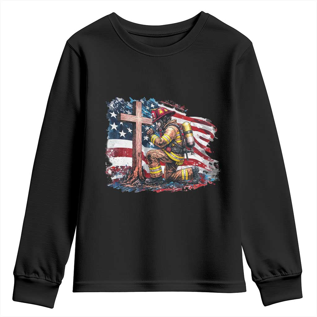 Fireman American Flag Youth Sweatshirt Firefighter Christian Cross Bible - Wonder Print Shop