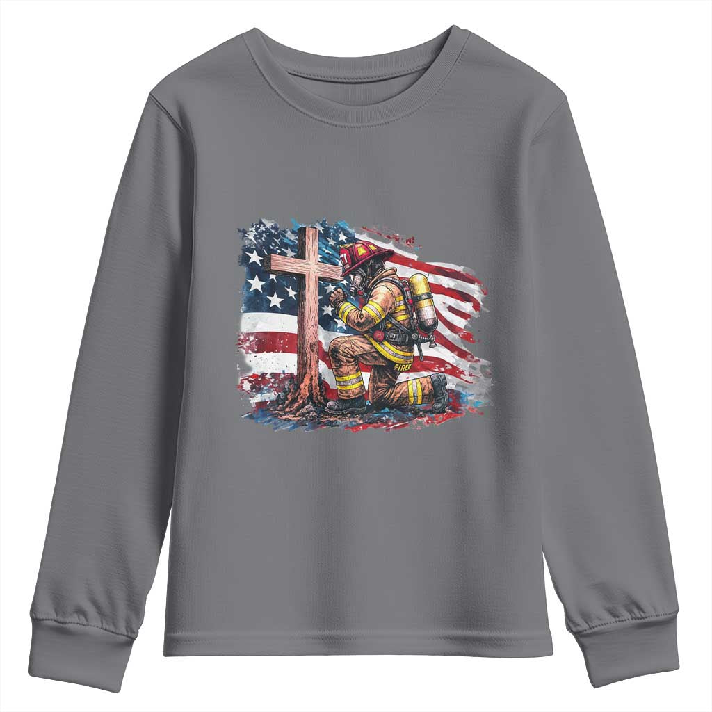 Fireman American Flag Youth Sweatshirt Firefighter Christian Cross Bible - Wonder Print Shop