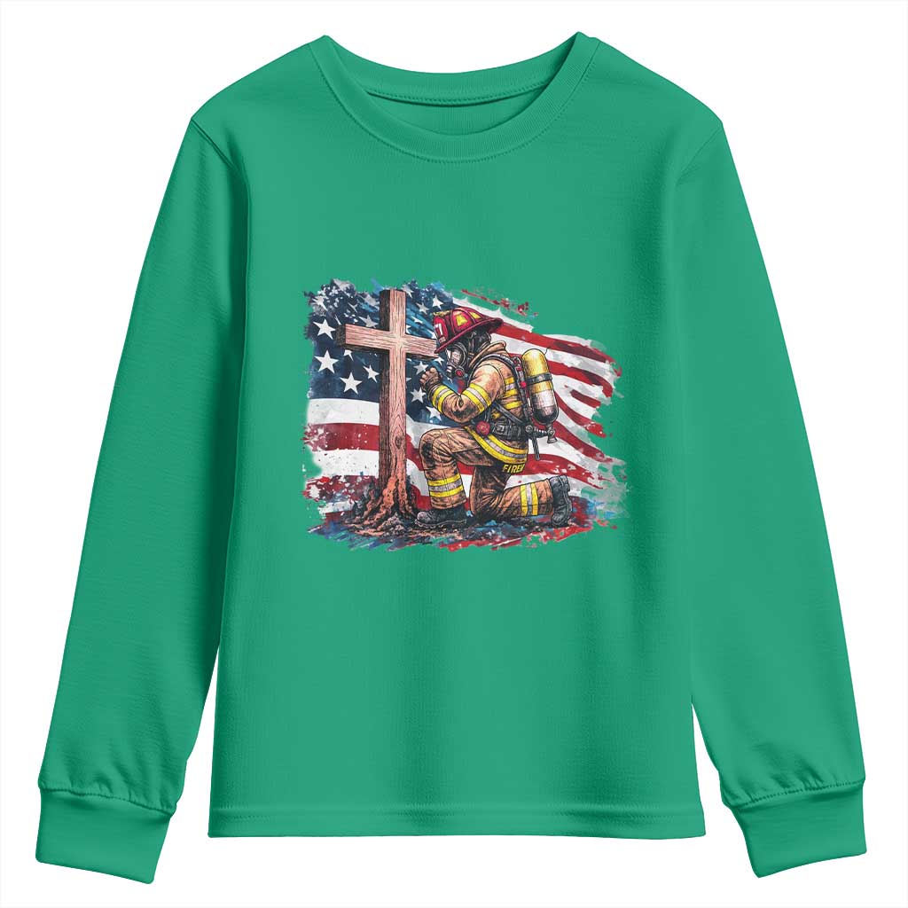 Fireman American Flag Youth Sweatshirt Firefighter Christian Cross Bible - Wonder Print Shop
