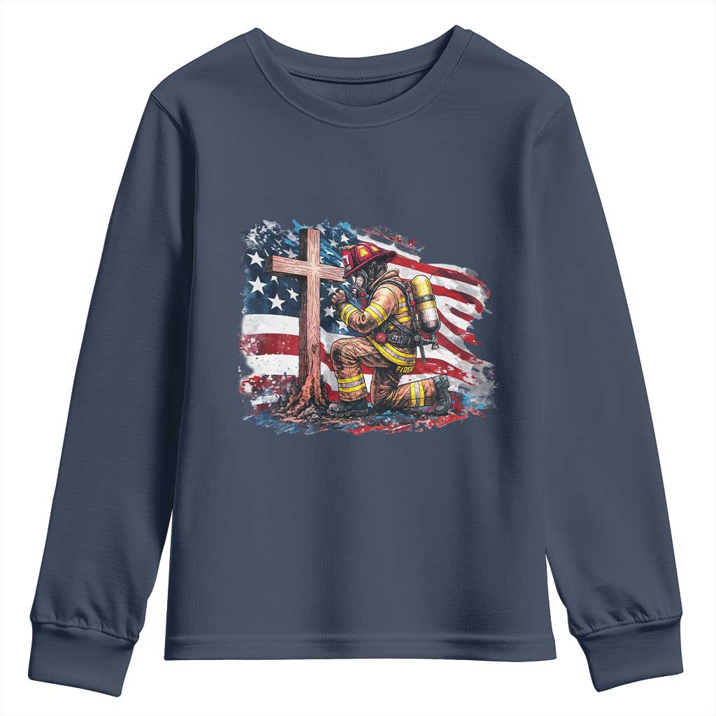 Fireman American Flag Youth Sweatshirt Firefighter Christian Cross Bible - Wonder Print Shop