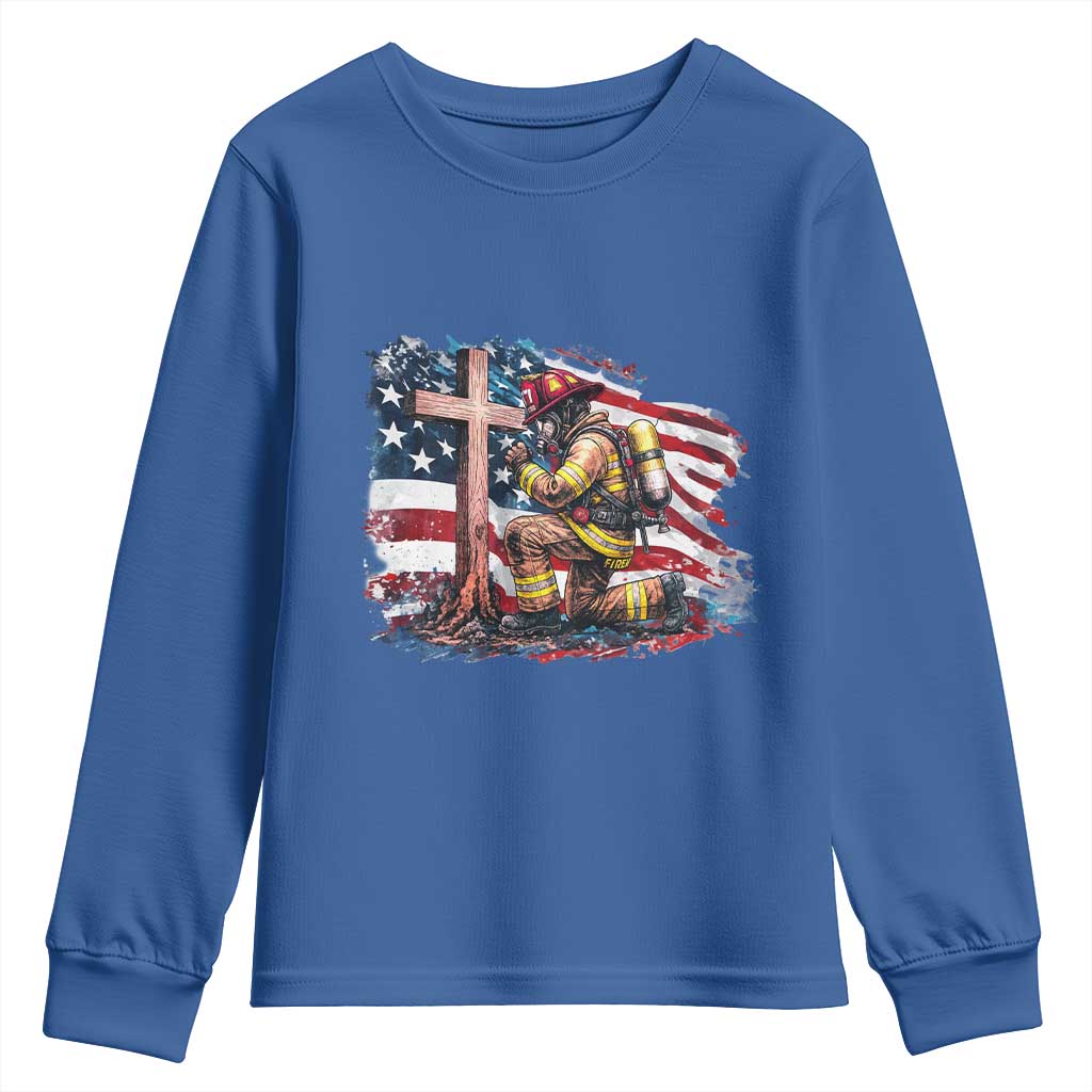 Fireman American Flag Youth Sweatshirt Firefighter Christian Cross Bible - Wonder Print Shop
