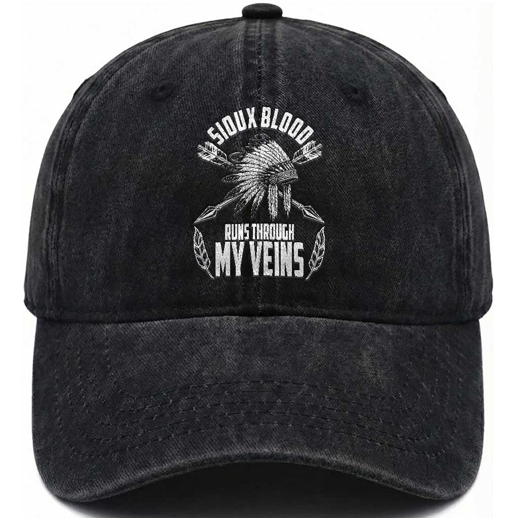 Native American Idian Chief Washed Cotton Baseball Cap Sioux Blood Runs Through My Veins