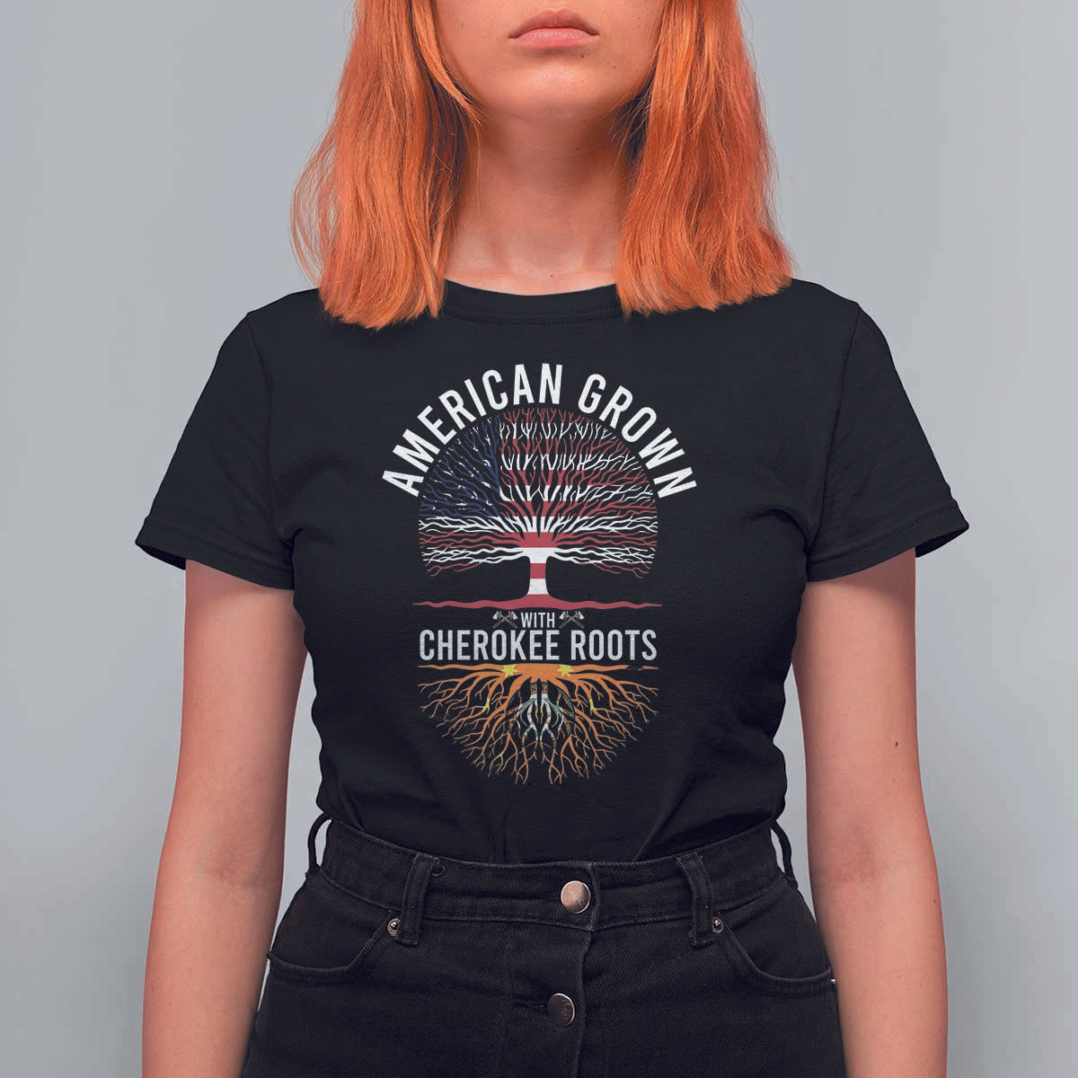 Native American Flag T Shirt For Women American Grown With Cherokee Roots - Wonder Print Shop