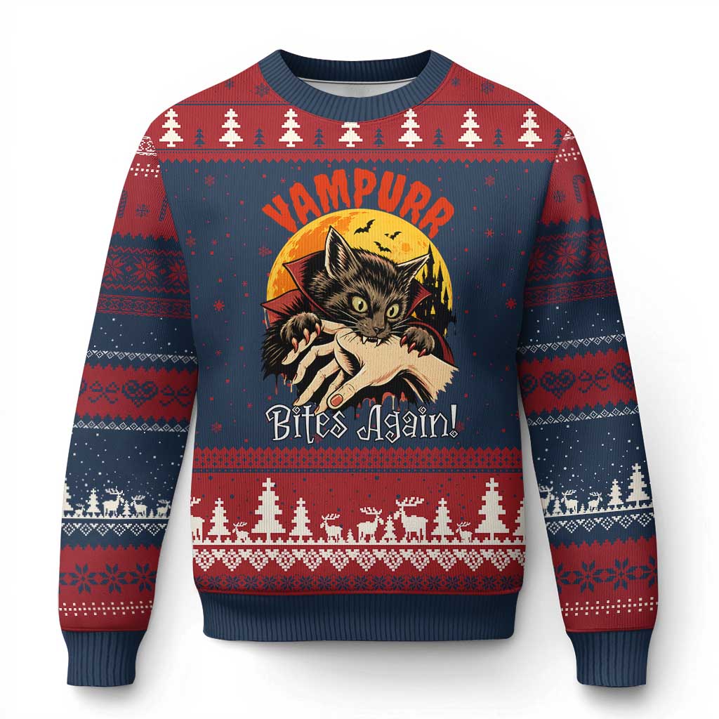 Vampurr Bites Again Ugly Christmas Sweater Funny Vampire Cat Halloween Horror