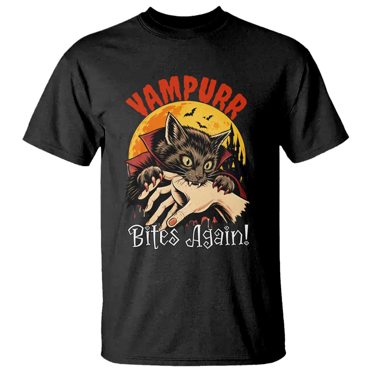 Vampurr Bites Again T Shirt Funny Vampire Cat Halloween Horror