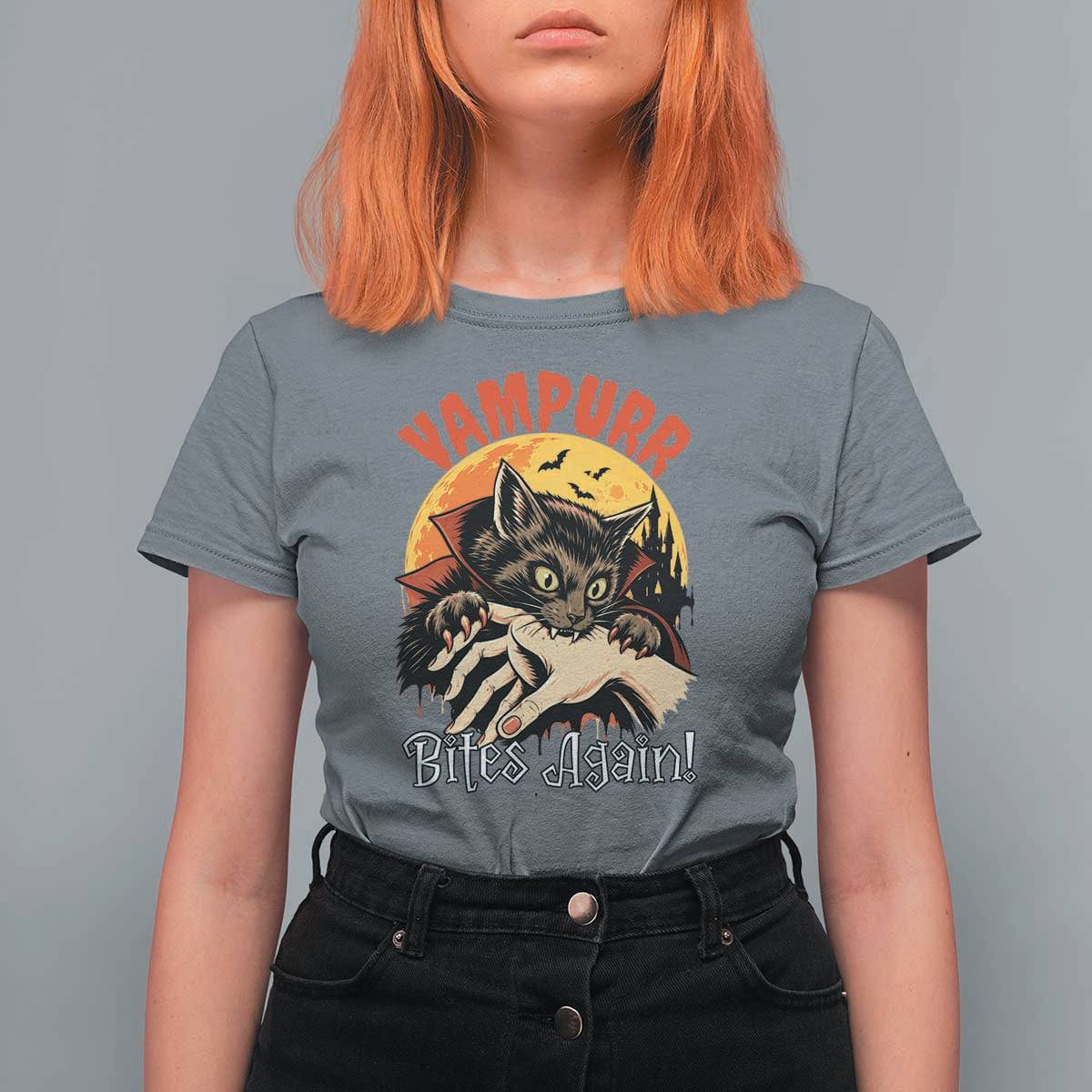 Vampurr Bites Again T Shirt For Women Funny Vampire Cat Halloween Horror