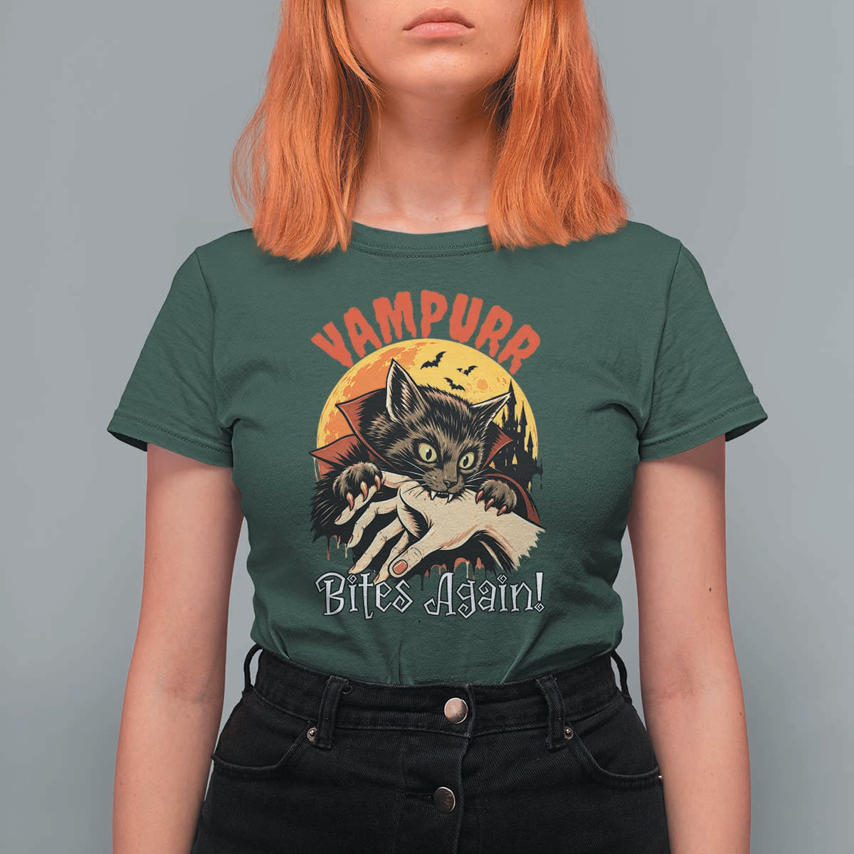 Vampurr Bites Again T Shirt For Women Funny Vampire Cat Halloween Horror
