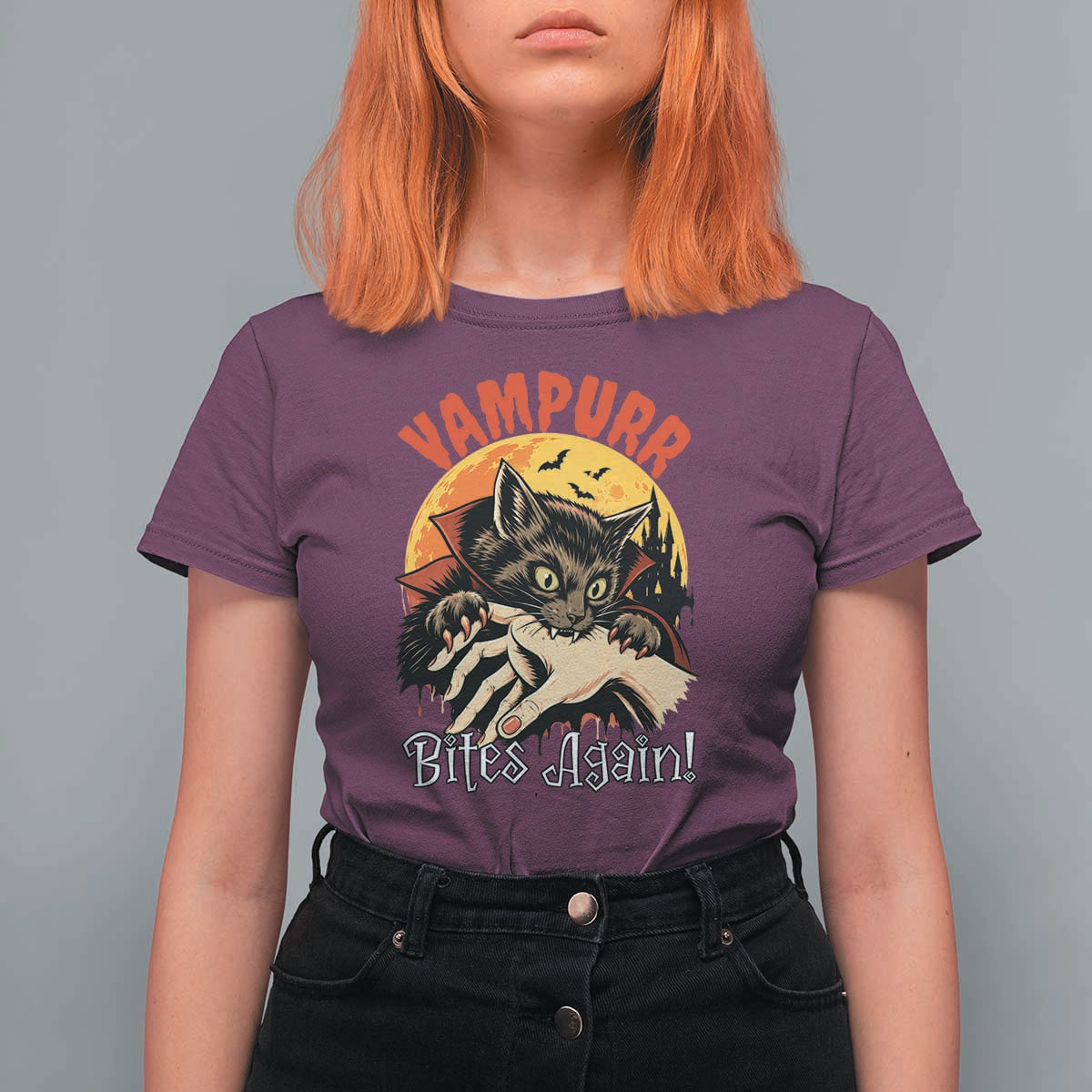 Vampurr Bites Again T Shirt For Women Funny Vampire Cat Halloween Horror