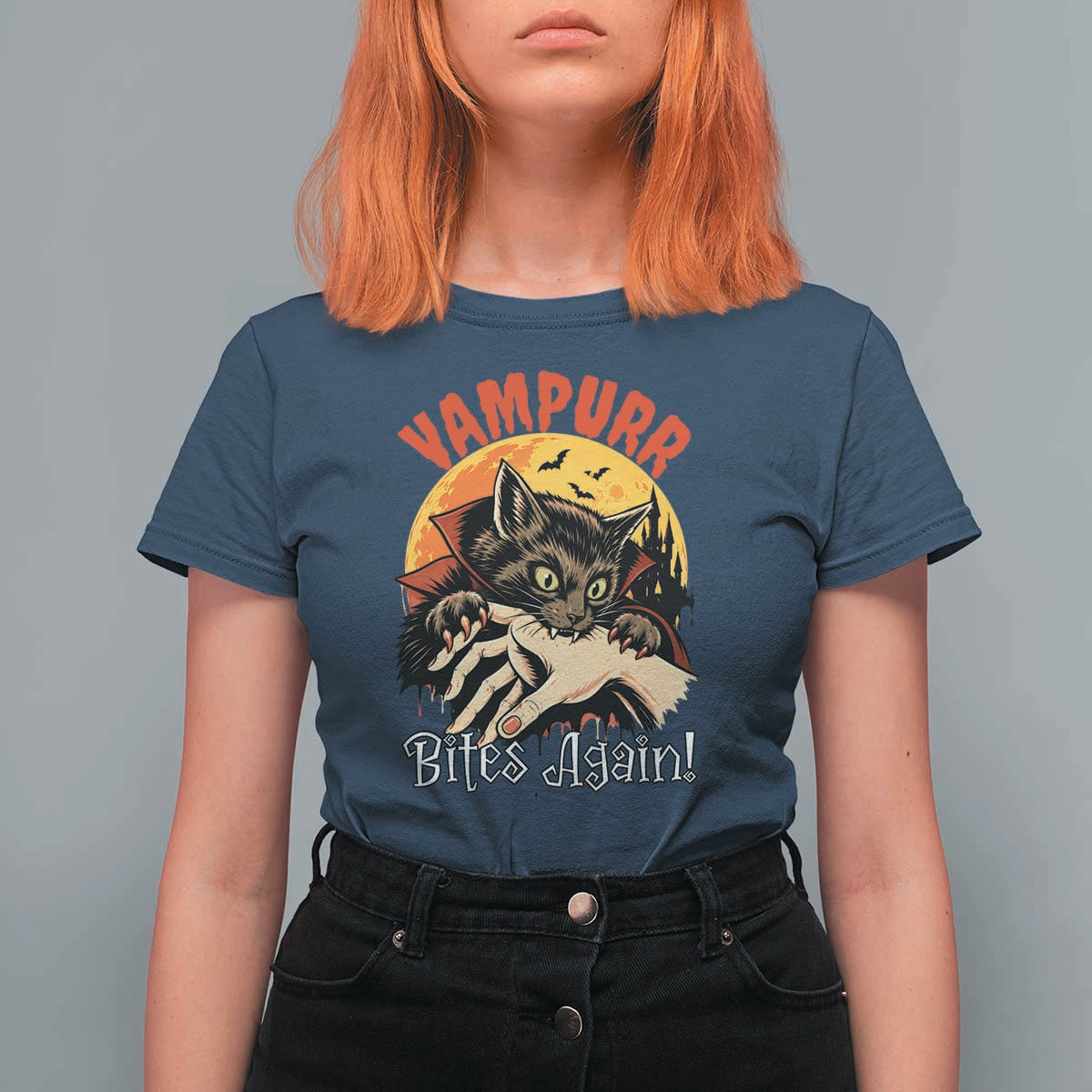 Vampurr Bites Again T Shirt For Women Funny Vampire Cat Halloween Horror