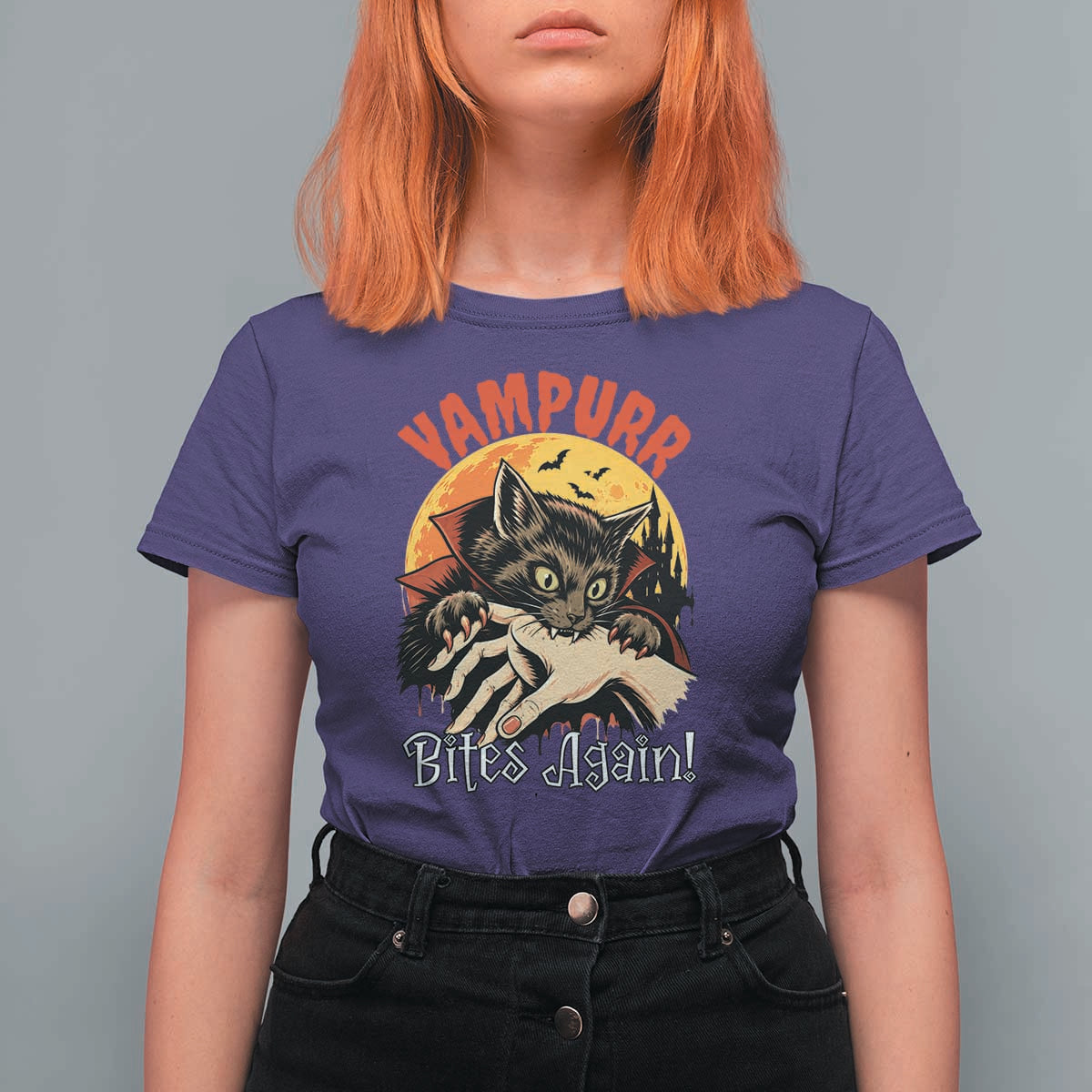 Vampurr Bites Again T Shirt For Women Funny Vampire Cat Halloween Horror