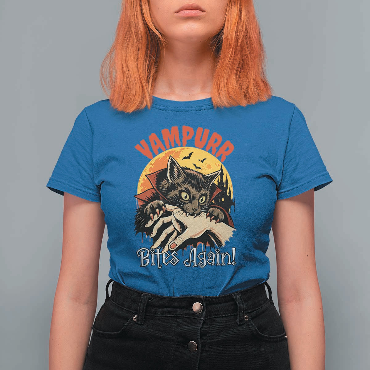 Vampurr Bites Again T Shirt For Women Funny Vampire Cat Halloween Horror