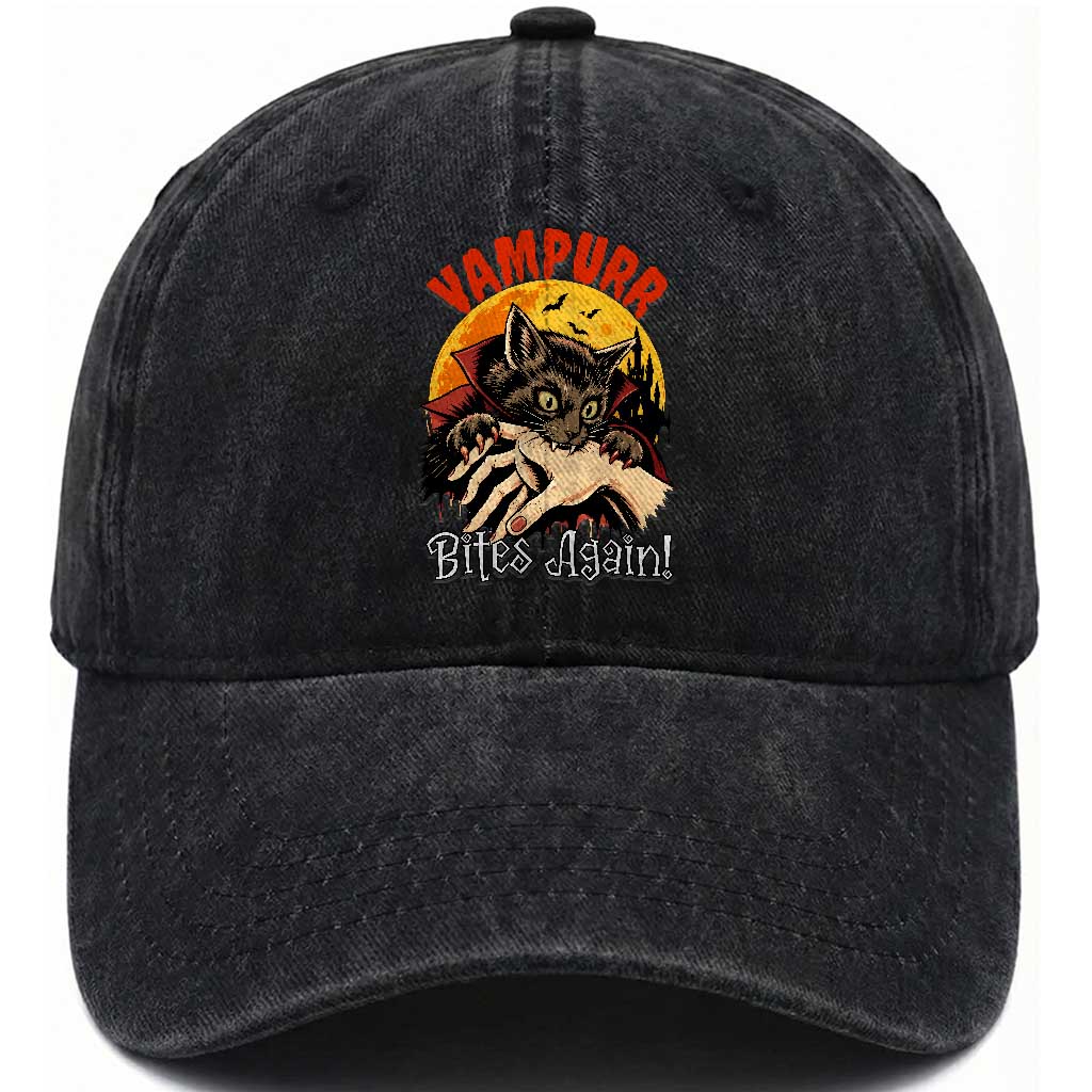 Vampurr Bites Again Washed Cotton Baseball Cap Funny Vampire Cat Halloween Horror