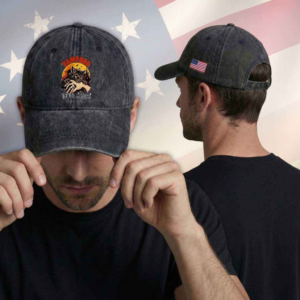Vampurr Bites Again Washed Cotton Baseball Cap Funny Vampire Cat Halloween Horror