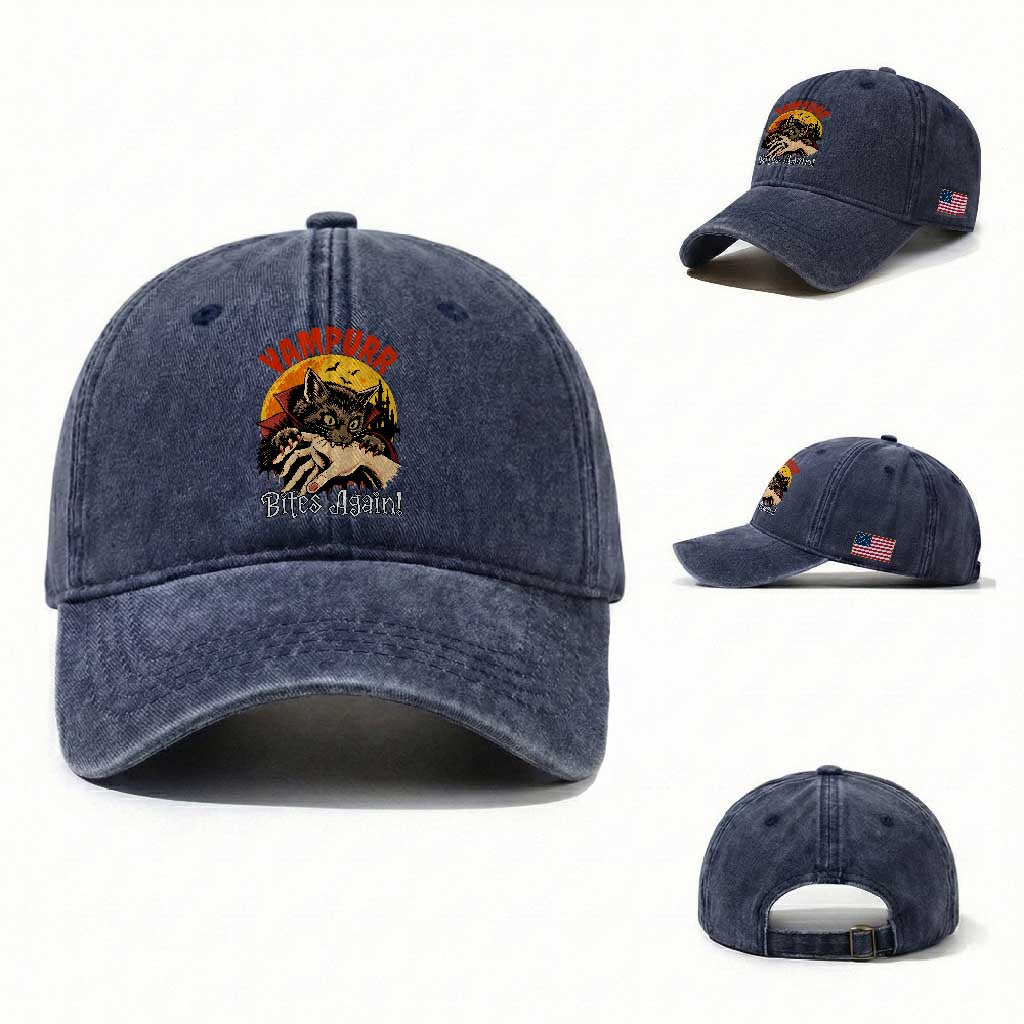 Vampurr Bites Again Washed Cotton Baseball Cap Funny Vampire Cat Halloween Horror