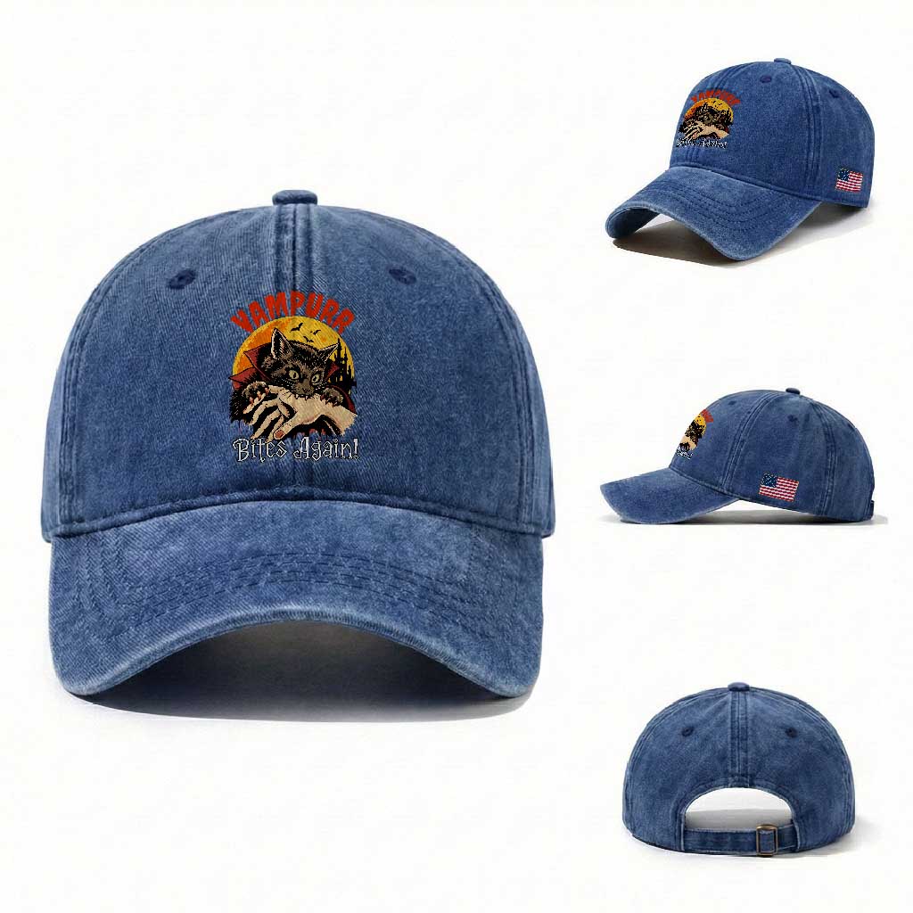 Vampurr Bites Again Washed Cotton Baseball Cap Funny Vampire Cat Halloween Horror