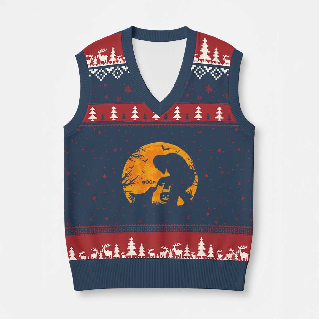 Bigfoot Boop Dog Hallowwen V-Neck Knit Sweater Vest Funny Sasquatch Meme Dog Lovers Full Moon