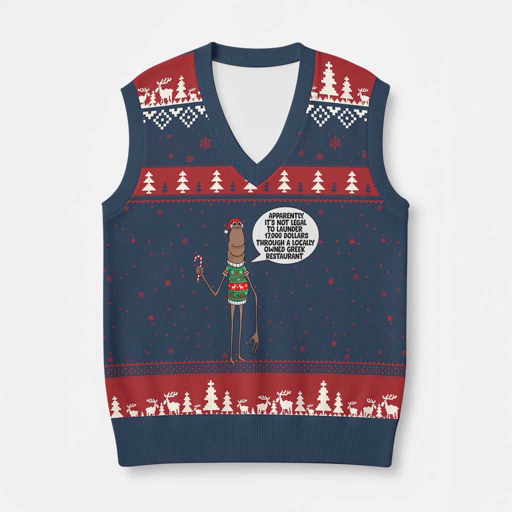 Marcus The Worm Xmas Meme V-Neck Knit Sweater Vest Locally Owned Greek Restaurant - Wonder Print Shop