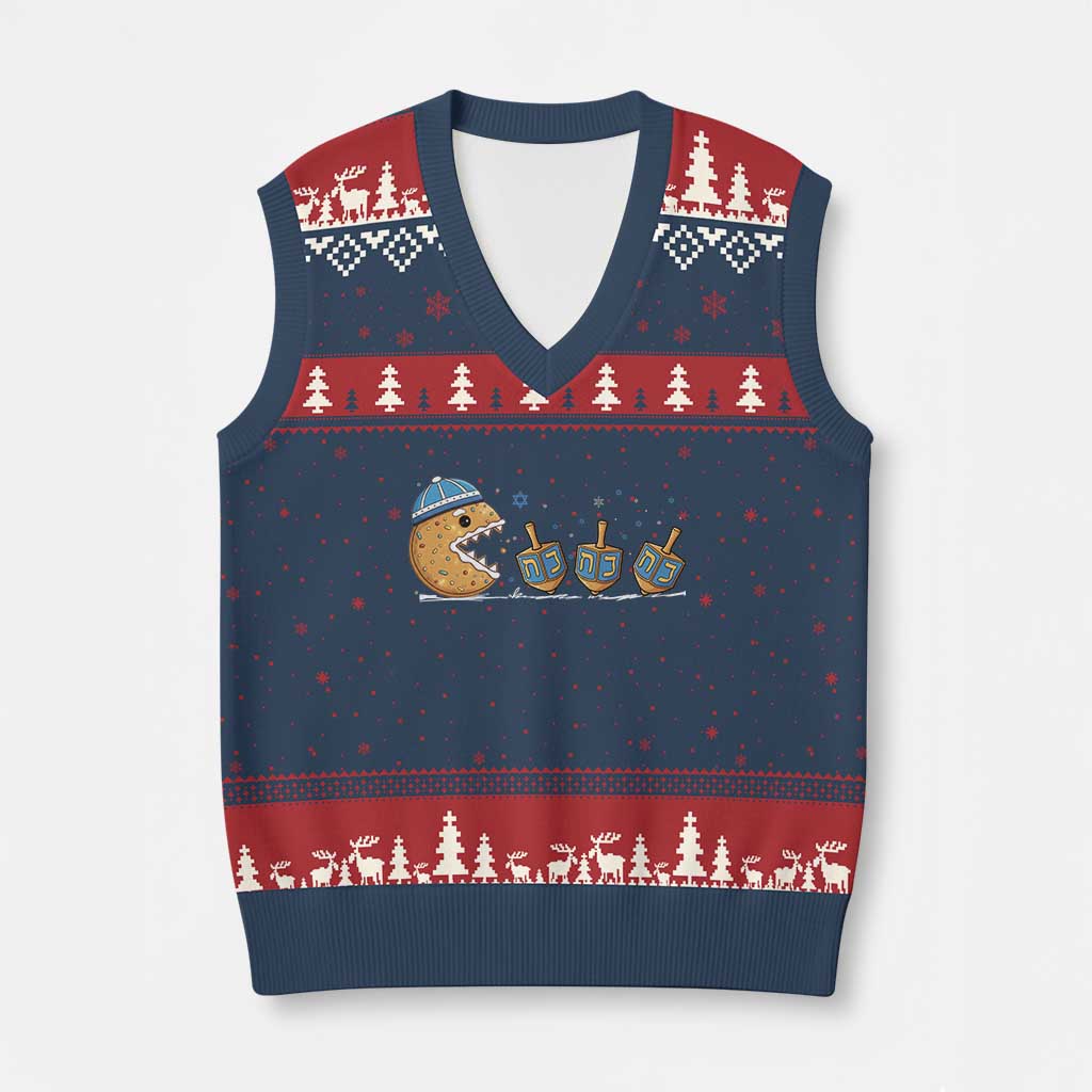 Funny Hanukkah V-Neck Knit Sweater Vest Donut Chasing Flames Jewish - Wonder Print Shop