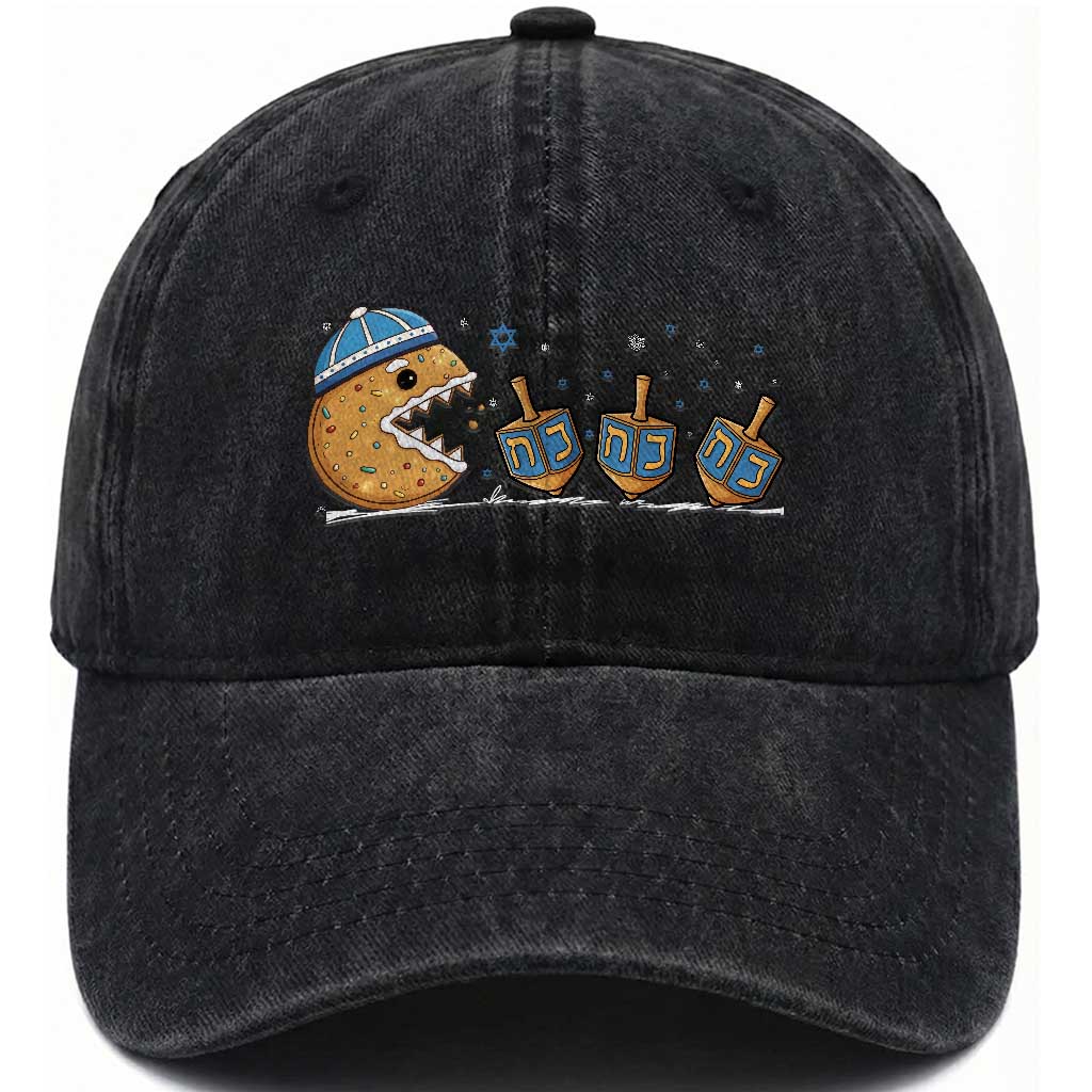 Funny Hanukkah Washed Cotton Baseball Cap Donut Chasing Flames Jewish