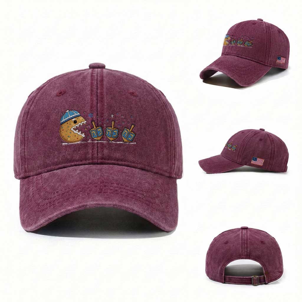 Funny Hanukkah Washed Cotton Baseball Cap Donut Chasing Flames Jewish