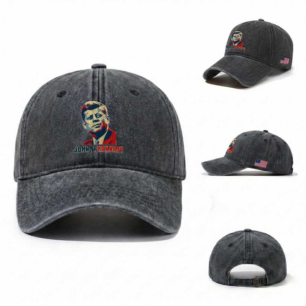 John F Kennedy American Flag US President Washed Cotton Baseball Cap