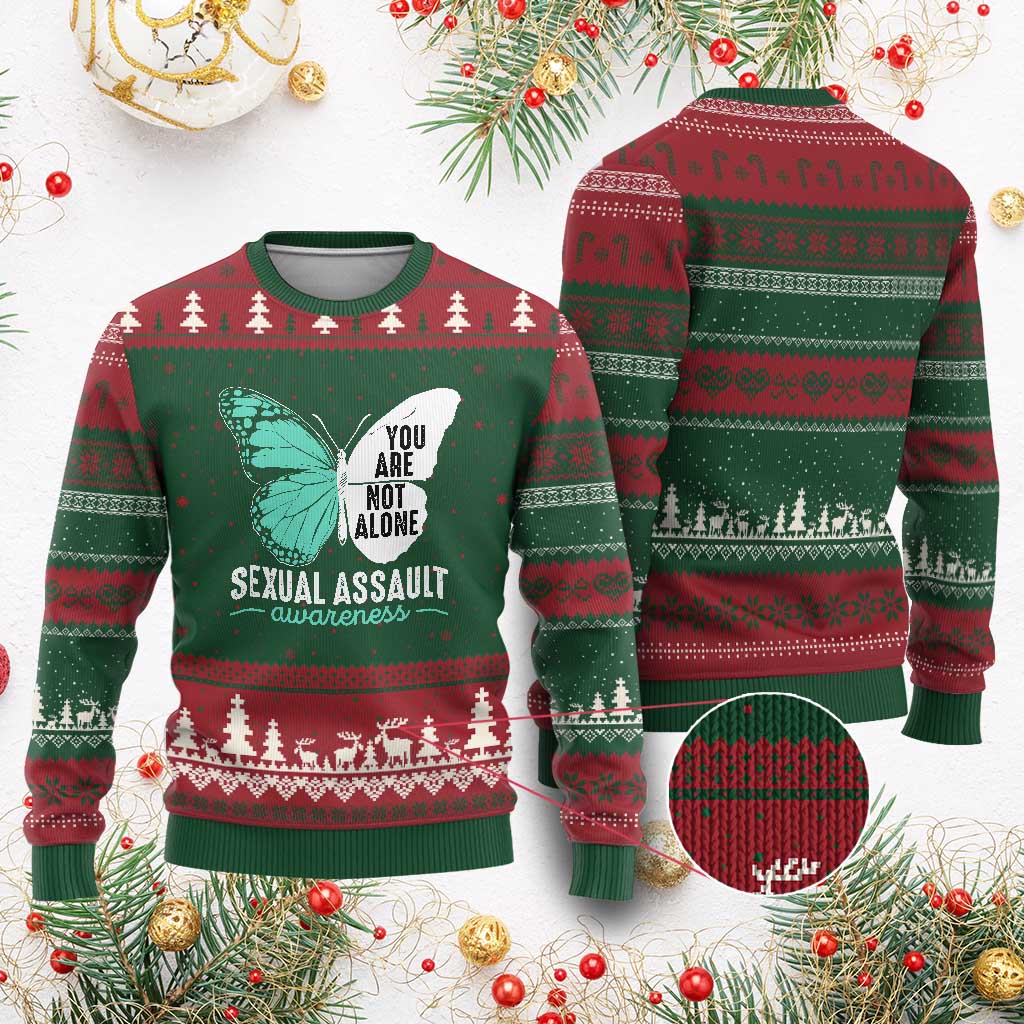 April Sexual Assault Awareness Ugly Christmas Sweater Teal Ribbon Flower