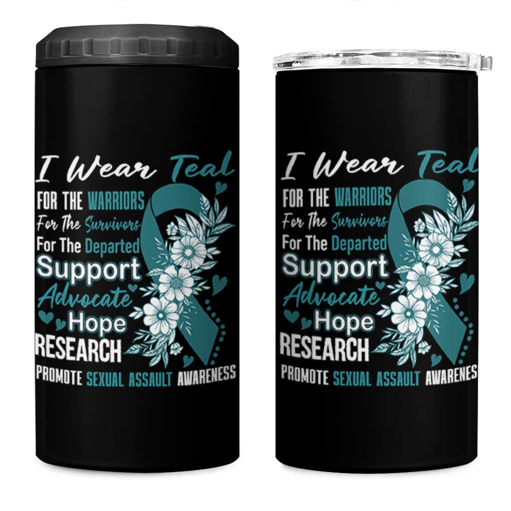 Sexual Assault Awareness 4 in 1 Can Cooler Tumbler Teal Ribbon Flower