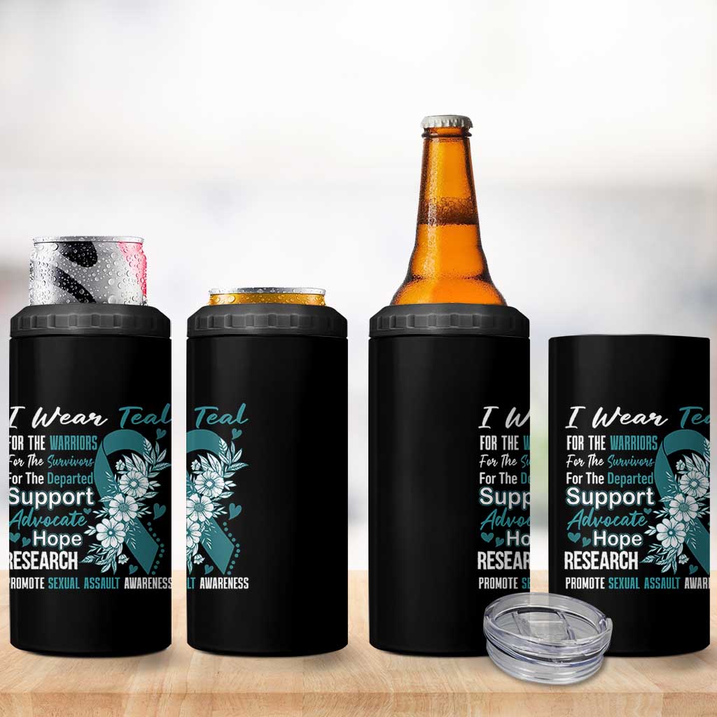 Sexual Assault Awareness 4 in 1 Can Cooler Tumbler Teal Ribbon Flower