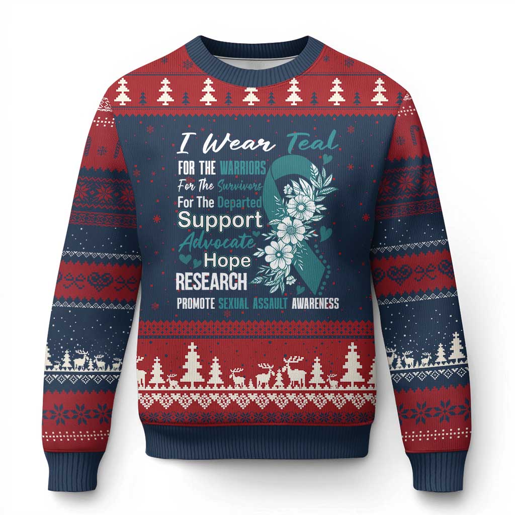 Sexual Assault Awareness Ugly Christmas Sweater Teal Ribbon Flower