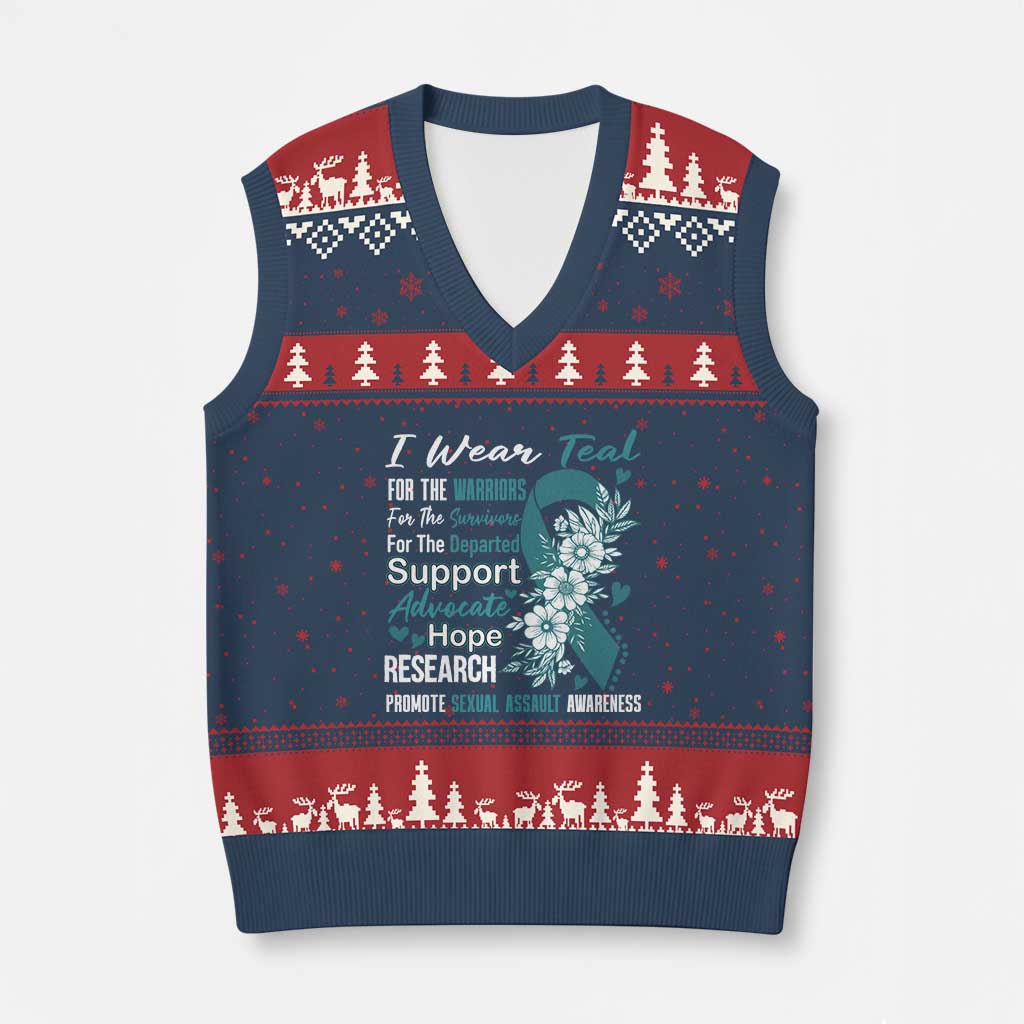Sexual Assault Awareness V-Neck Knit Sweater Vest Teal Ribbon Flower
