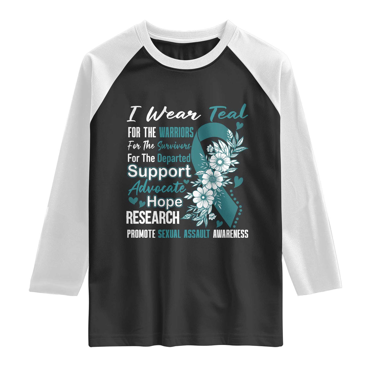 Sexual Assault Awareness Raglan Shirt Teal Ribbon Flower
