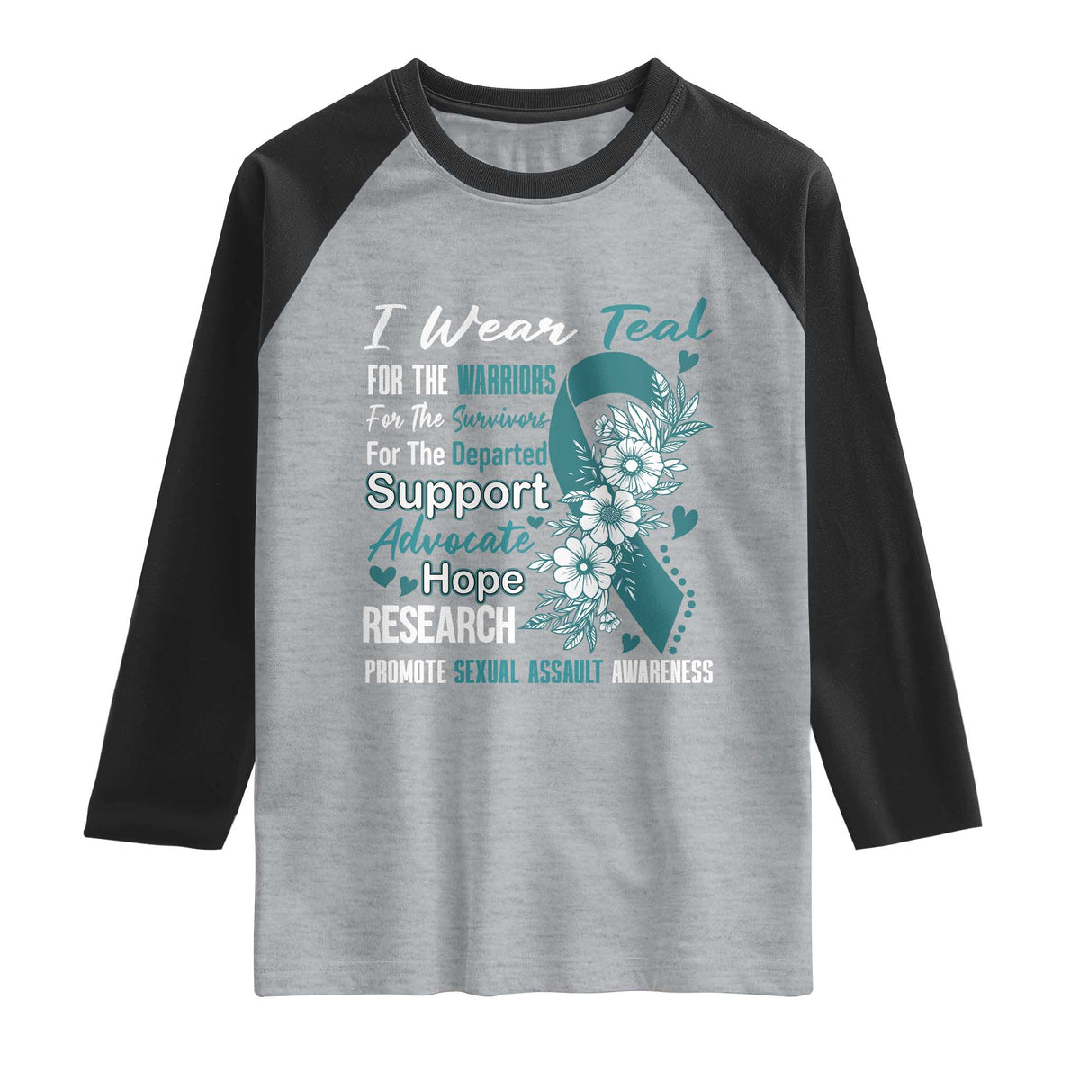 Sexual Assault Awareness Raglan Shirt Teal Ribbon Flower