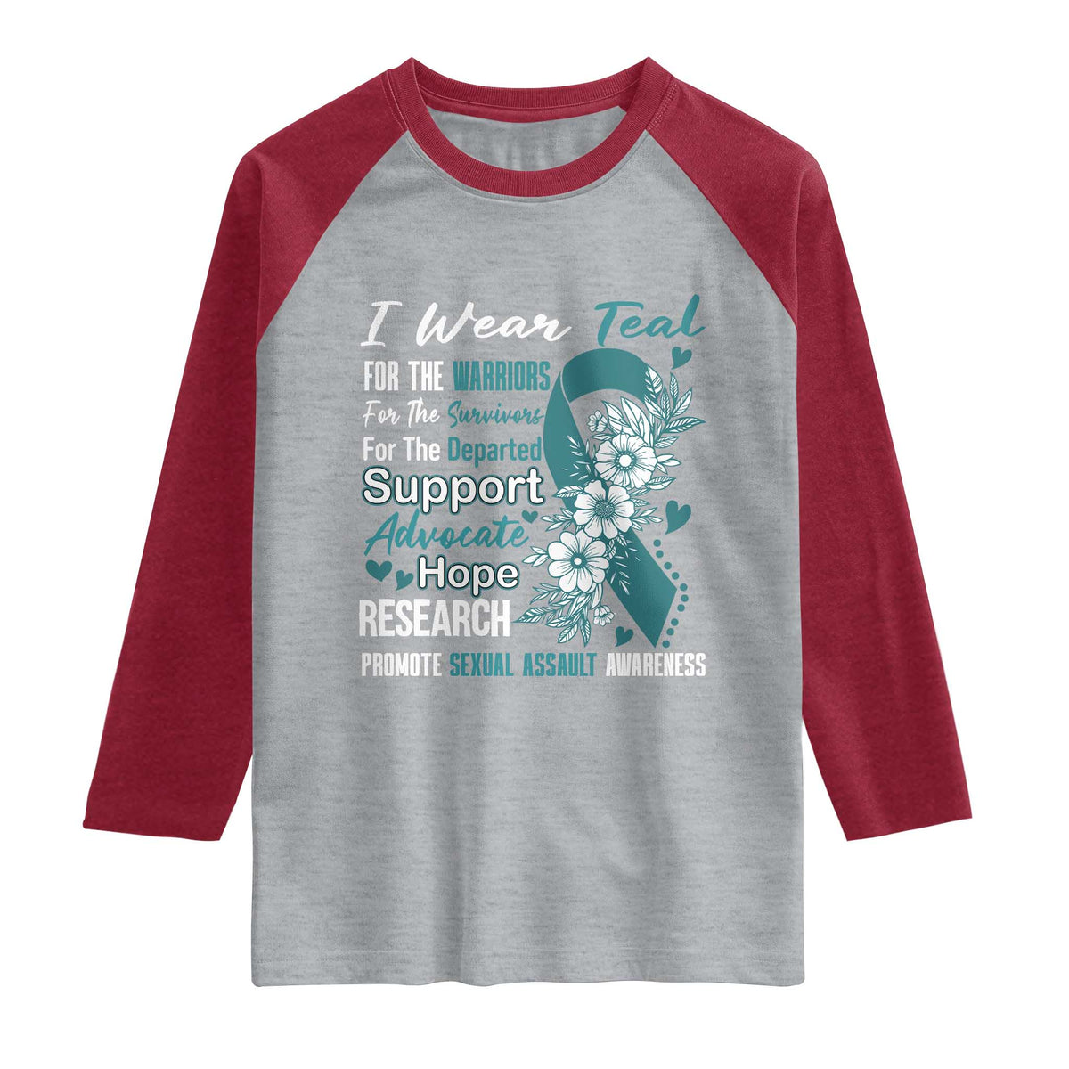 Sexual Assault Awareness Raglan Shirt Teal Ribbon Flower