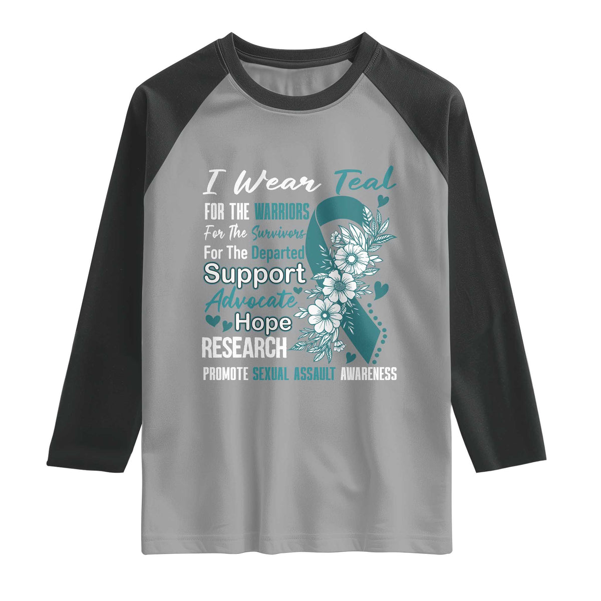 Sexual Assault Awareness Raglan Shirt Teal Ribbon Flower