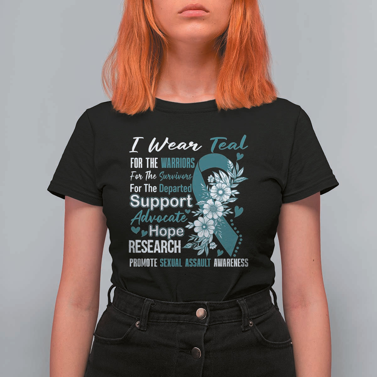 Sexual Assault Awareness T Shirt For Women Teal Ribbon Flower