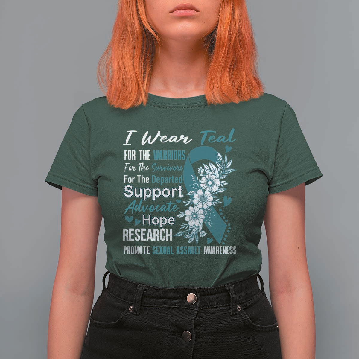 Sexual Assault Awareness T Shirt For Women Teal Ribbon Flower