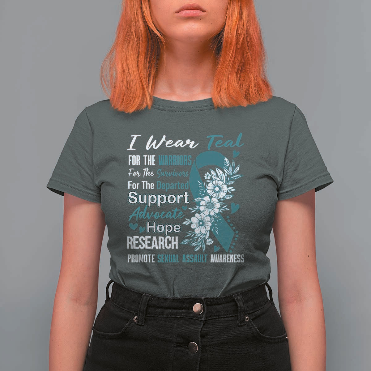 Sexual Assault Awareness T Shirt For Women Teal Ribbon Flower