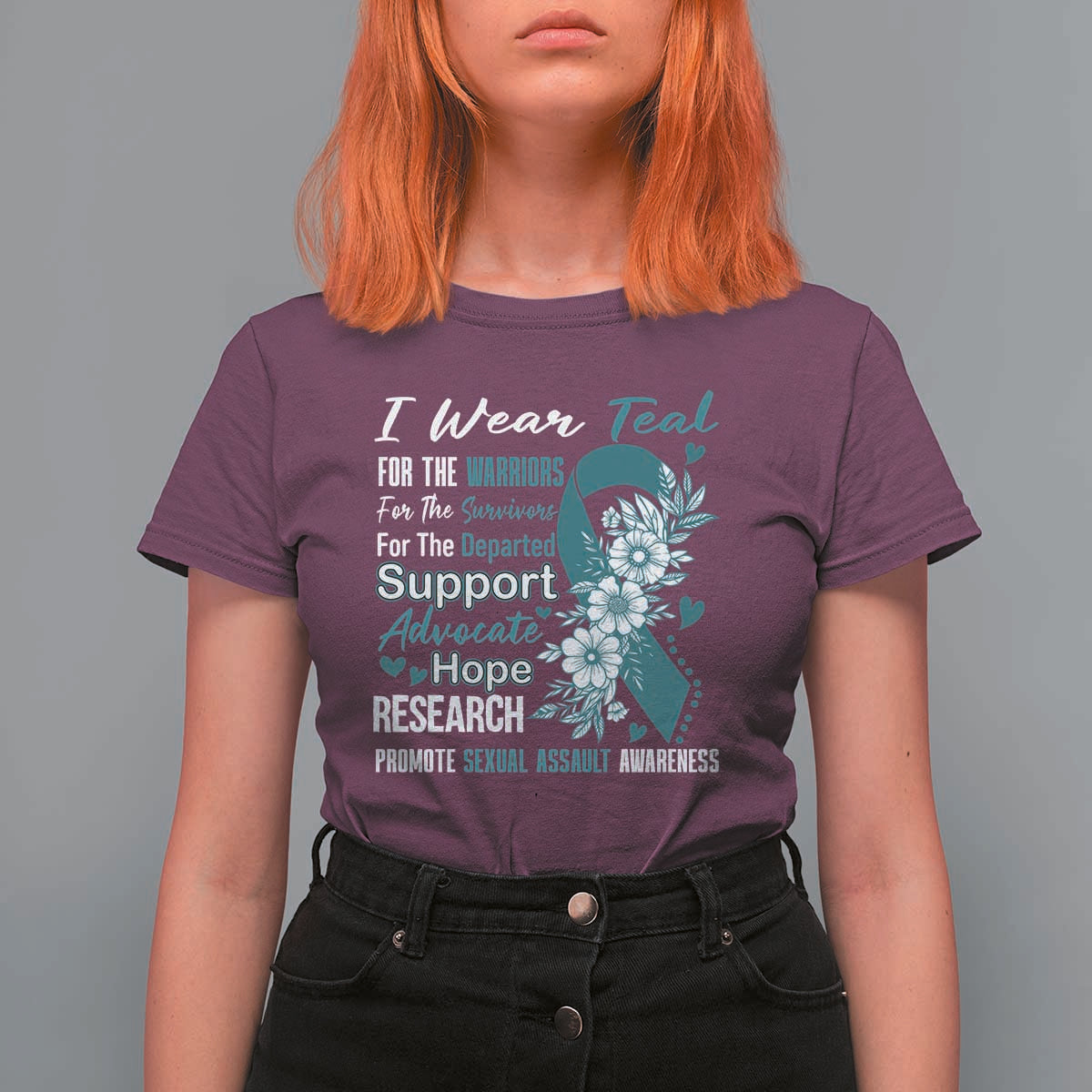 Sexual Assault Awareness T Shirt For Women Teal Ribbon Flower