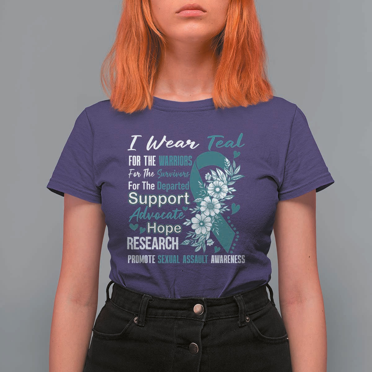 Sexual Assault Awareness T Shirt For Women Teal Ribbon Flower