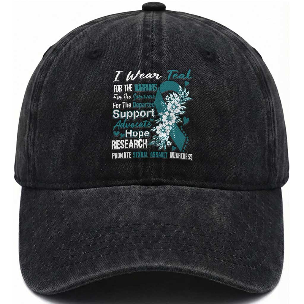 Sexual Assault Awareness Washed Cotton Baseball Cap Teal Ribbon Flower