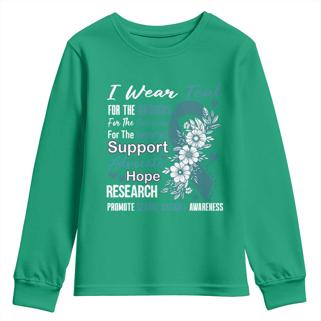 Sexual Assault Awareness Youth Sweatshirt Teal Ribbon Flower