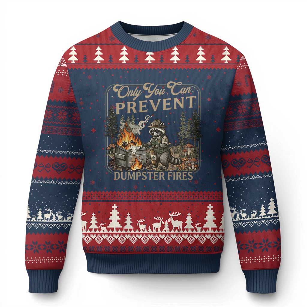 Only You Can Prevent Dumpster Fires Ugly Christmas Sweater Funny Raccoon Mental Health Meme