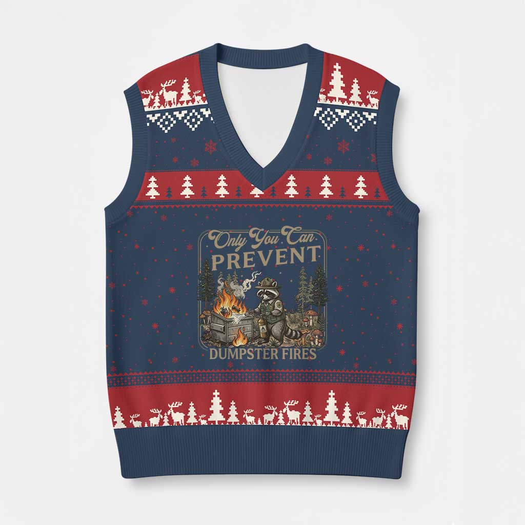 Only You Can Prevent Dumpster Fires V-Neck Knit Sweater Vest Funny Raccoon Mental Health Meme