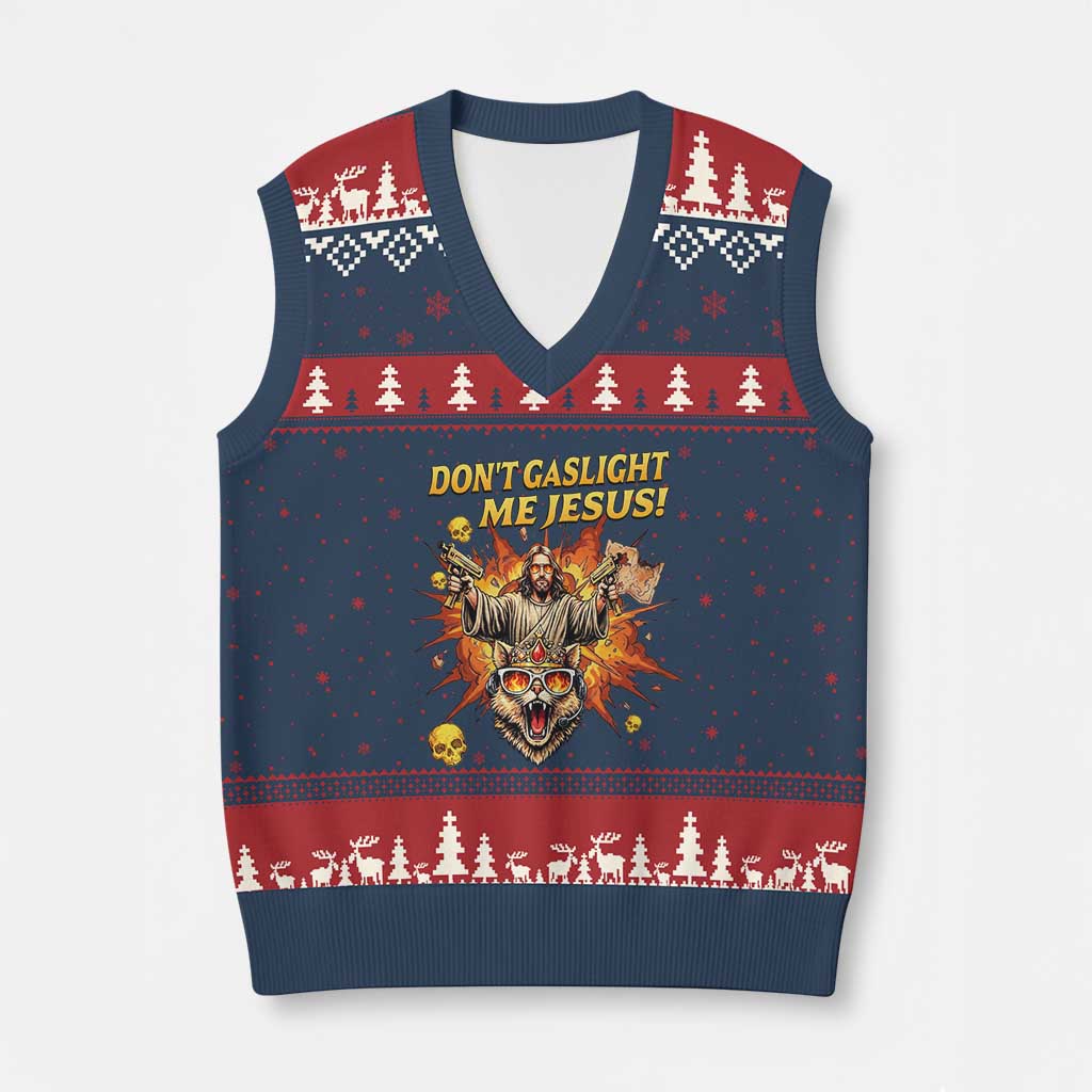 Don't Gaslight Me Jesus V-Neck Knit Sweater Vest Funny Princess Cat Sci-Fi Book Lover