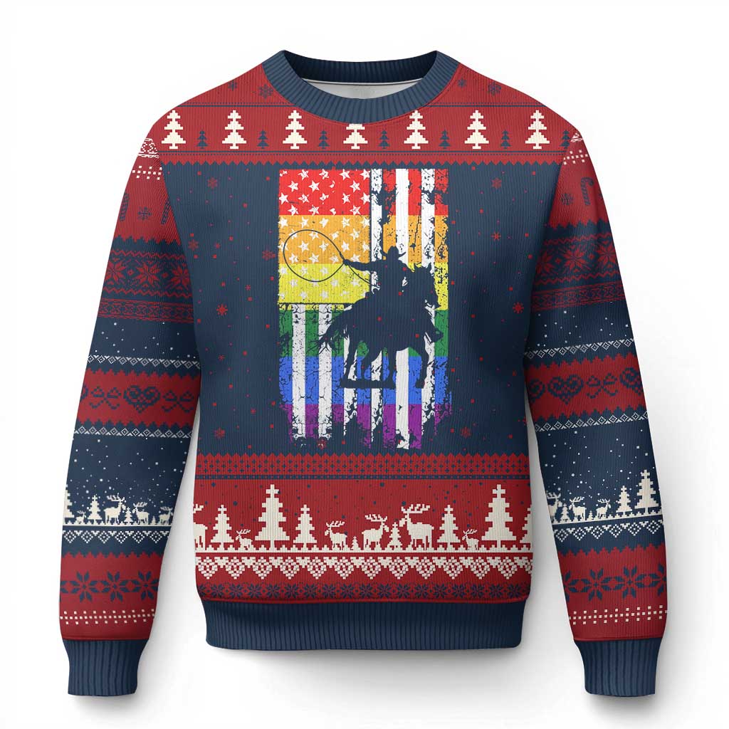 Rodeo Gay Cowboy Western LGBTQ Rainbow Flag Ugly Christmas Sweater
