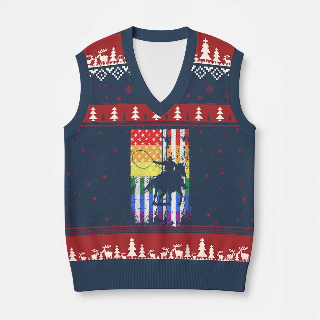 Rodeo Gay Cowboy Western LGBTQ Rainbow Flag V-Neck Knit Sweater Vest