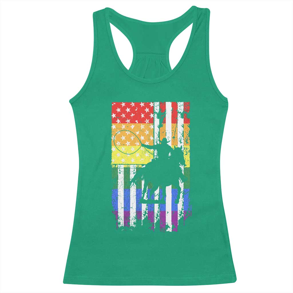 Rodeo Gay Cowboy Western LGBTQ Rainbow Flag Racerback Tank Top
